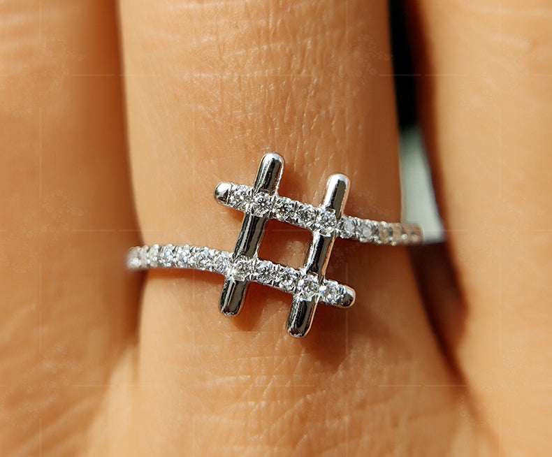 Chic Hashtag Sign Ring - Special Symbol Minimalist Beauty with Unique Pave Moissanite - Ideal Dainty Anniversary and Everyday Ring