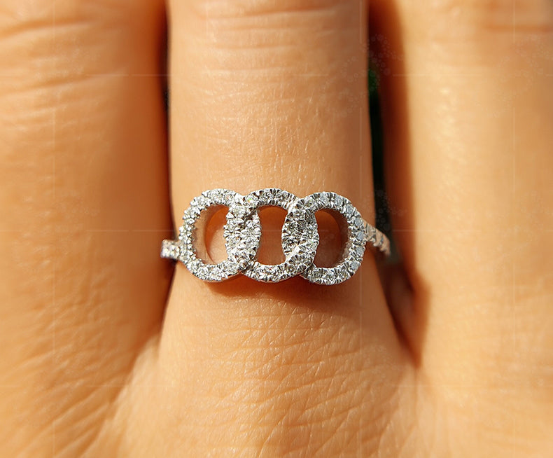 Chic Interlocking Circle Ring - Three Open Circles Linked with Moissanite - Triple Interlocked Round Ring for Women