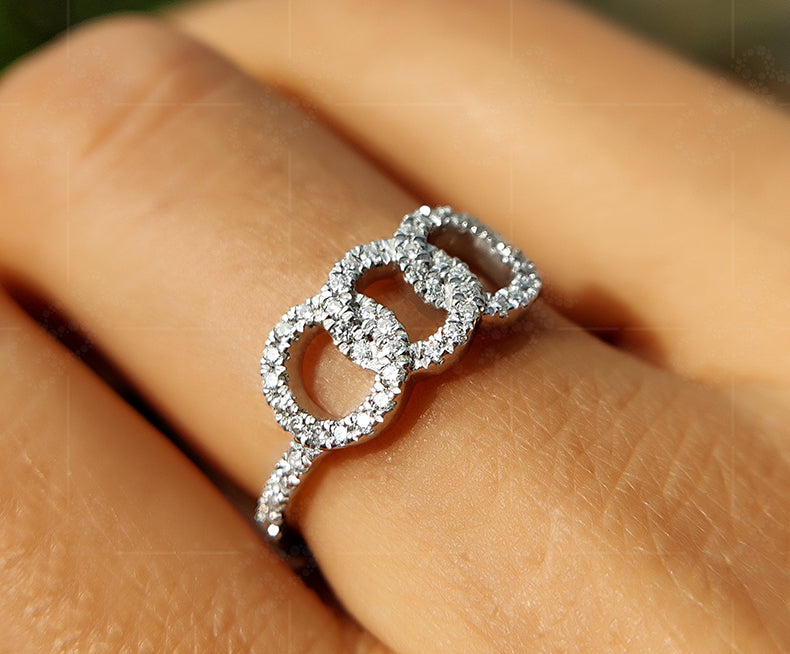 Chic Interlocking Circle Ring - Three Open Circles Linked with Moissanite - Triple Interlocked Round Ring for Women