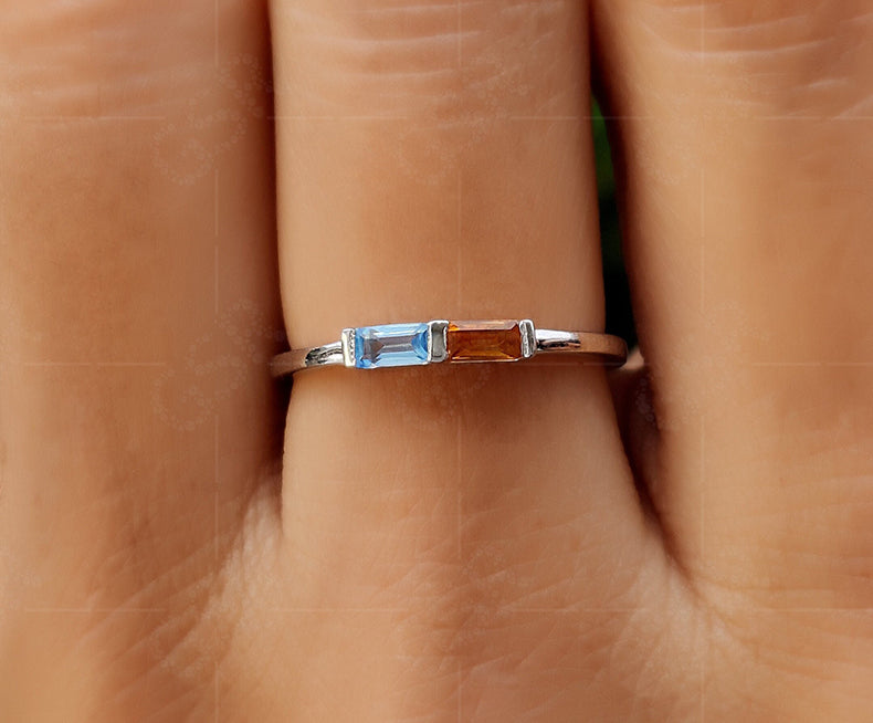 Citrine and Aquamarine Baguette Ring - Toi Et Moi Birthstone Ring - Dainty Stacking Ring - Two Stone Birthstone Minimalist Ring for Women