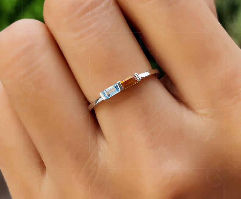 Citrine and Aquamarine Baguette Ring - Toi Et Moi Birthstone Ring - Dainty Stacking Ring - Two Stone Birthstone Minimalist Ring for Women