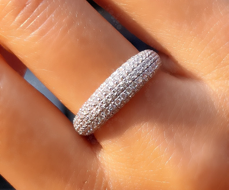 Cluster Pave Dome Ring - Silver, Solid Gold, and Moissanite Stacking Band