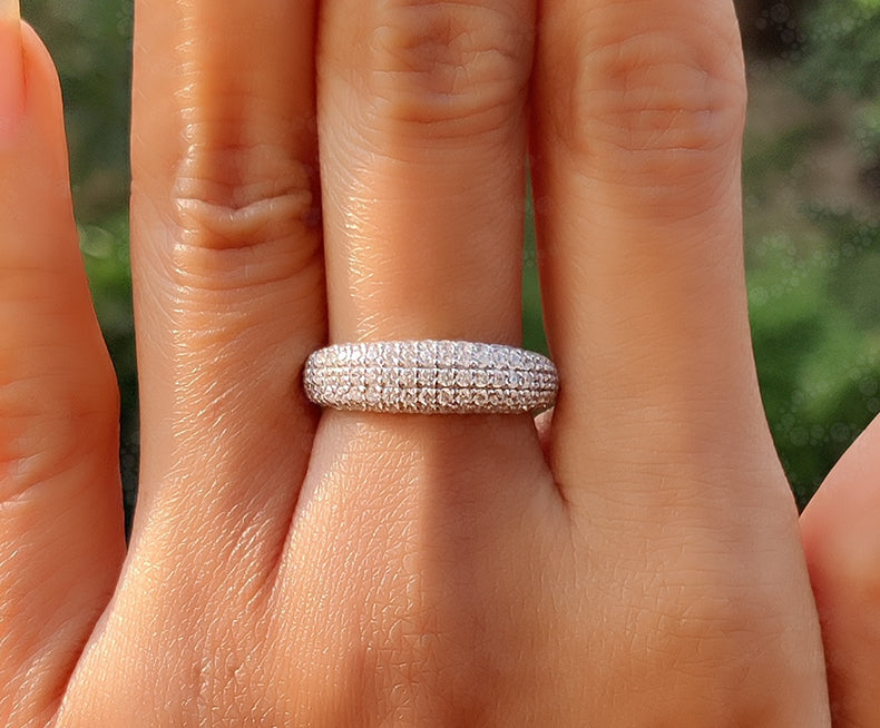 Cluster Pave Dome Ring - Silver, Solid Gold, and Moissanite Stacking Band