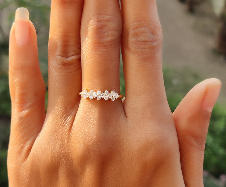 Cluster Stackable Moissanite Ring - Dainty Anniversary Band in Silver and Gold