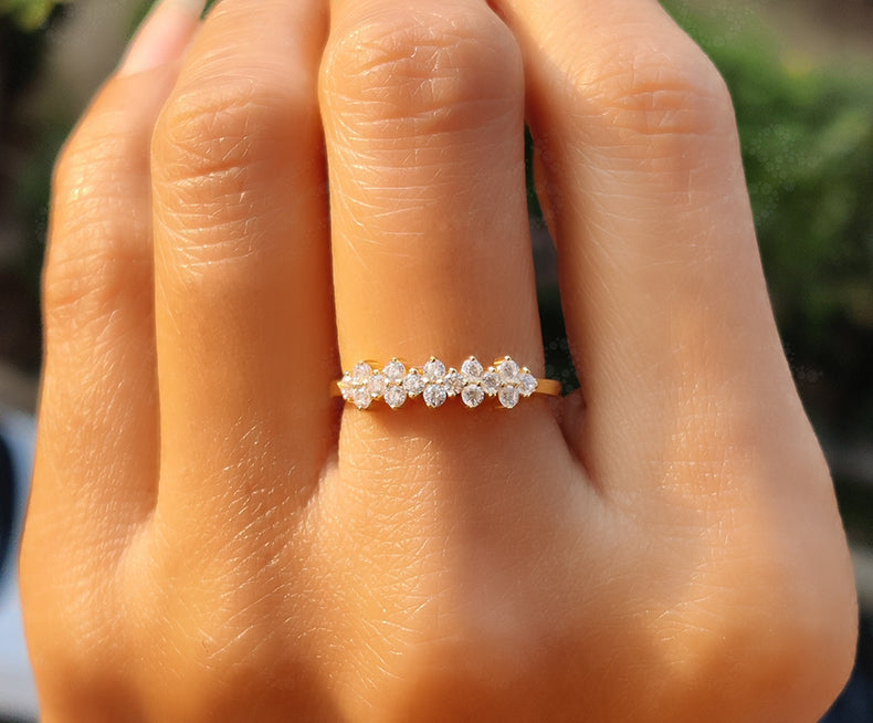 Cluster Stackable Moissanite Ring - Dainty Anniversary Band in Silver and Gold