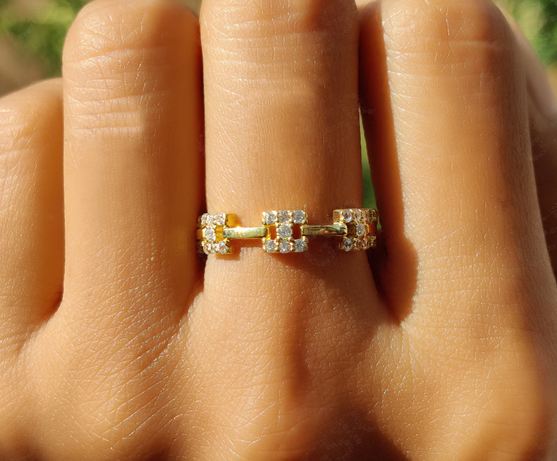 Contemporary Glamour: Modern Full Eternity Dainty Women's Ring in Silver and Gold with Round Moissanite, a Geometric Minimalist Delight for Stylish Women