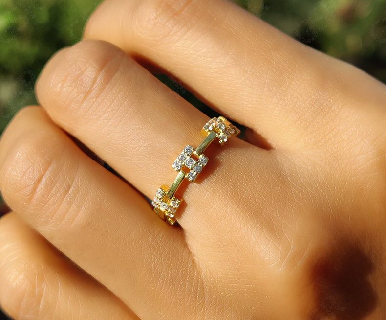 Contemporary Glamour: Modern Full Eternity Dainty Women's Ring in Silver and Gold with Round Moissanite, a Geometric Minimalist Delight for Stylish Women