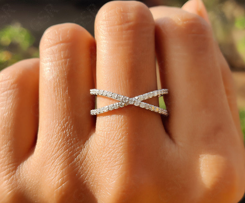 Criss Cross Round Moissanite Eternity Band - X Shaped Wedding Ring - Minimalist Design - Overlapping Dainty Ring