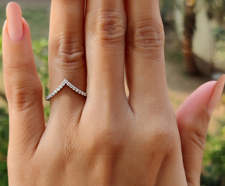 Curved Beauty: Silver and White Gold Delicate V-Shape Moissanite Wedding Band - Dainty Promise Ring with Round Colorless Stones