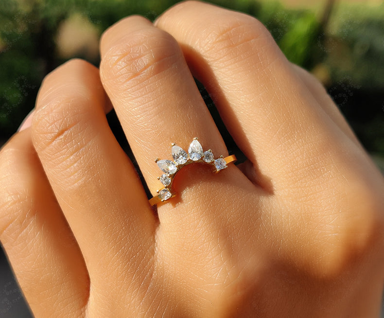 Curved Wedding Band: Pear Moissanite Nesting Elegance - Silver and Gold Stackable Ring - Crown Style Matching Band