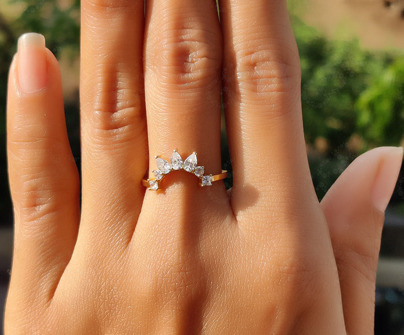Curved Wedding Band: Pear Moissanite Nesting Elegance - Silver and Gold Stackable Ring - Crown Style Matching Band