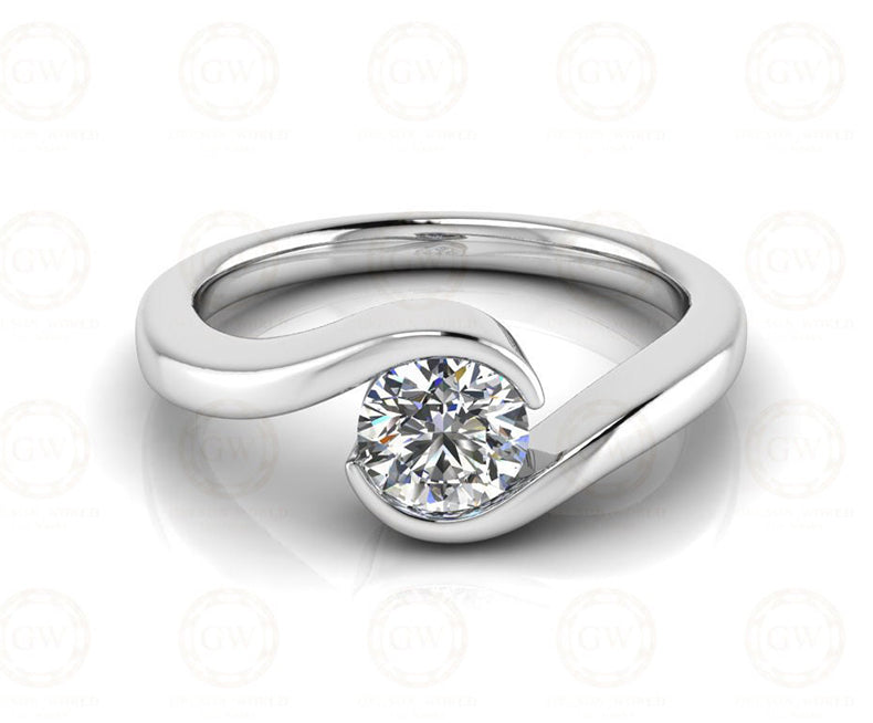 0.61 Ct Round Cut Moissanite Twist Solitaire Engagement Ring, Tension style cross-over setting, Sterling Silver, Propose Ring for her