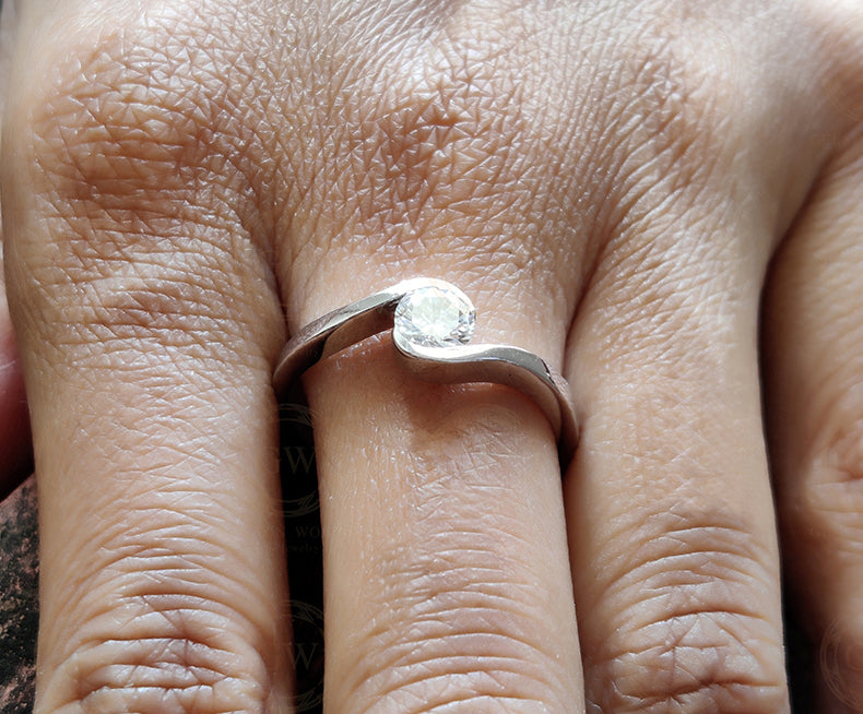 0.61 Ct Round Cut Moissanite Twist Solitaire Engagement Ring, Tension style cross-over setting, Sterling Silver, Propose Ring for her