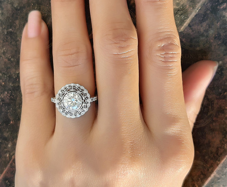 1.40 Ct Round Cut Moissanite Halo vintage engagement rings, sterling silver, antique wedding ring for women, Estate Ring