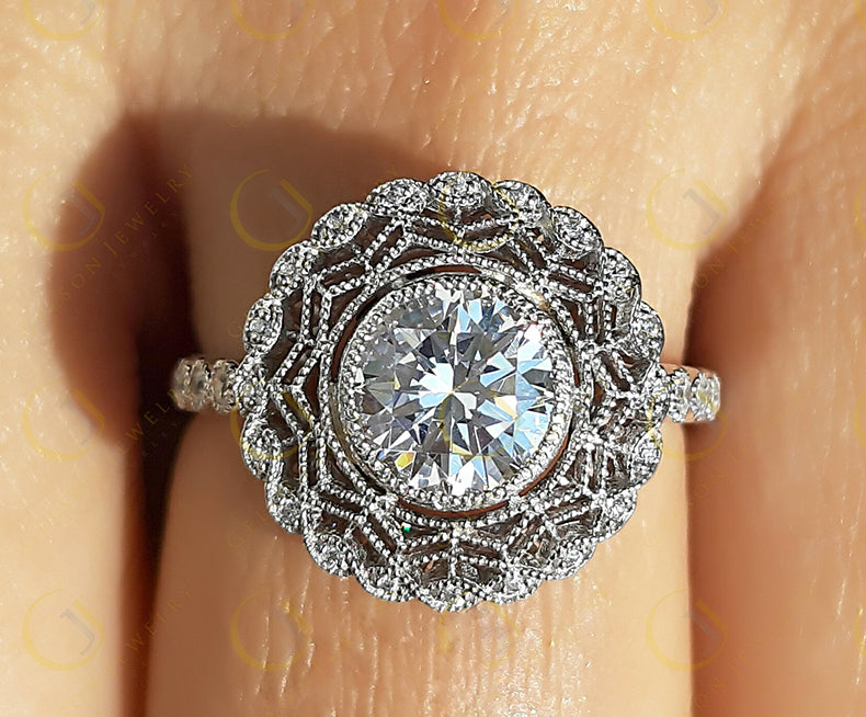 1.40 Ct Round Cut Moissanite Halo vintage engagement rings, sterling silver, antique wedding ring for women, Estate Ring