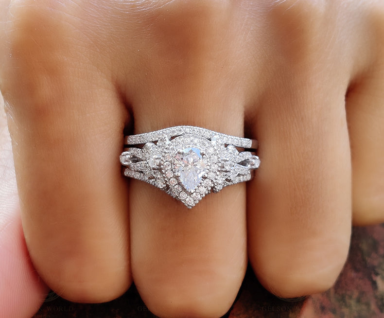 1.40 Ct Pear Cut Trio Halo Wedding Ring Set