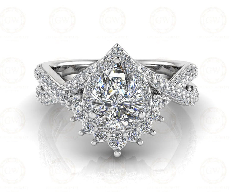 1.50 Ct Pear Cut starburst Ring, Halo Engagement Ring