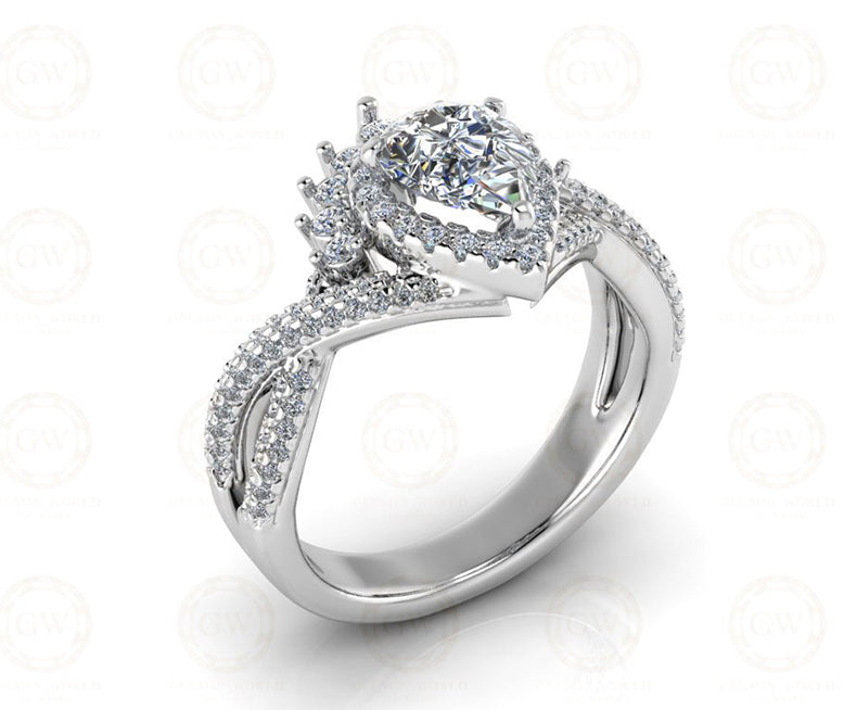 1.50 Ct Pear Cut starburst Ring, Halo Engagement Ring