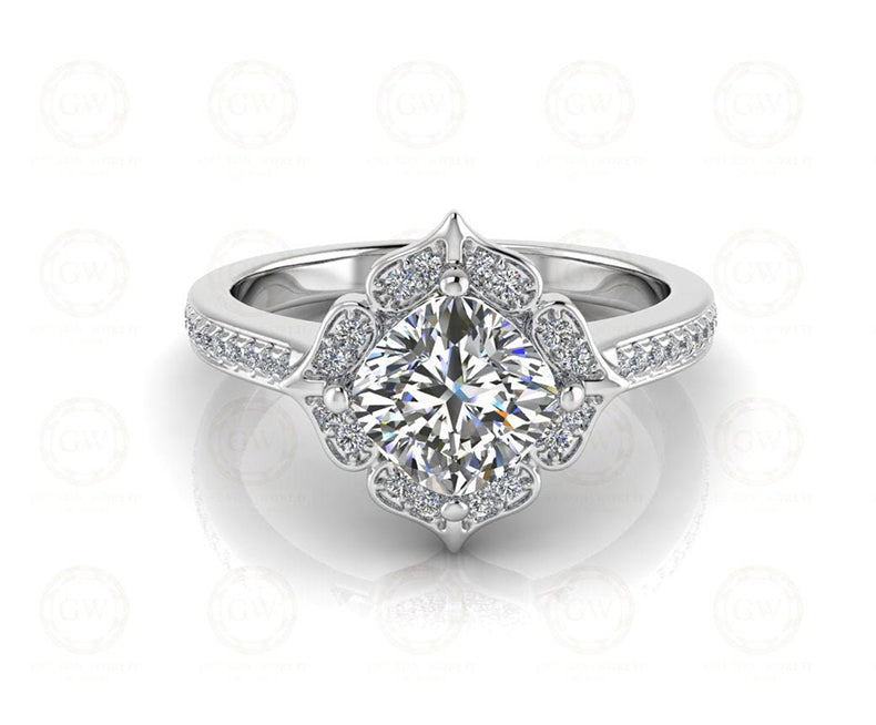 1.55 Ct Cushion Cut Halo Engagement Ring, Vintage Style, Sterling Silver, Simulated Diamond, Wedding Ring For Women, Gift For Her