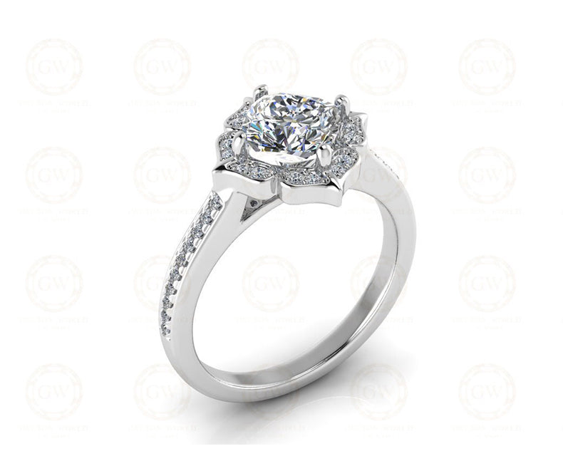 1.55 Ct Cushion Cut Halo Engagement Ring, Vintage Style, Sterling Silver, Simulated Diamond, Wedding Ring For Women, Gift For Her
