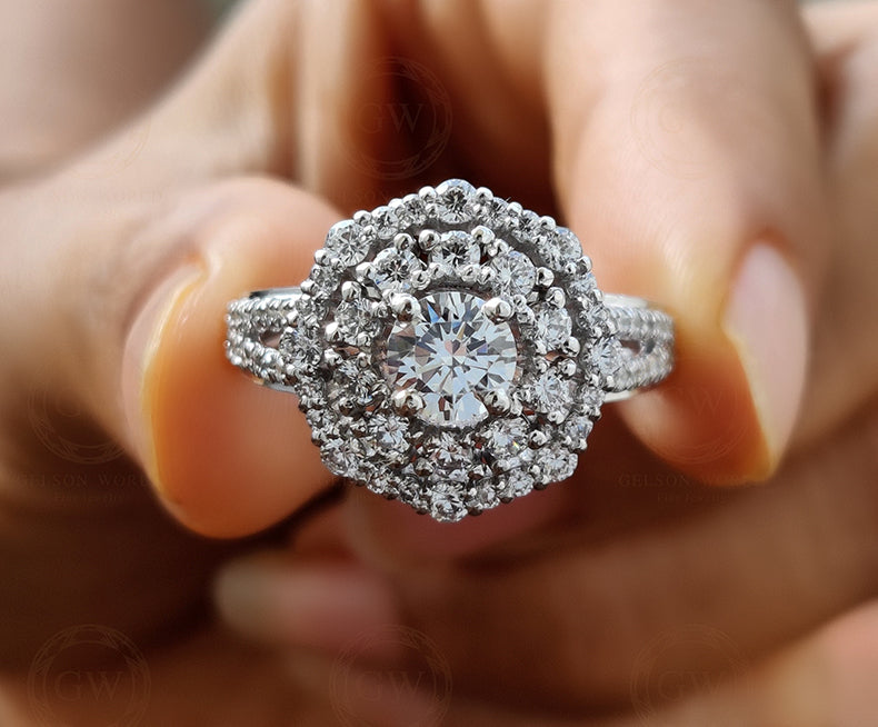 1.60 Tcw Round Double Halo Engagement Ring