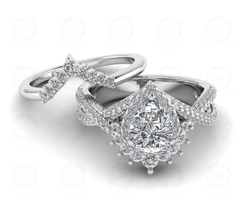 1.65 Ct Pear Halo Starburst Wedding Ring Set