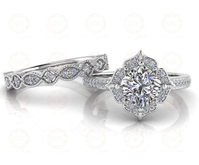 1.70 Ct  Vintage Cushion Cut Halo Engagement Ring Set
