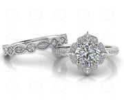 1.70 Ct  Vintage Cushion Cut Halo Engagement Ring Set