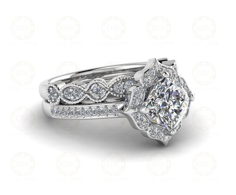 1.70 Ct Cushion Cut Halo Engagement Wedding Ring Set, Vintage Style Bridal Set, Stackable Ring, Sterling Silver, Matching Band, Gift for her