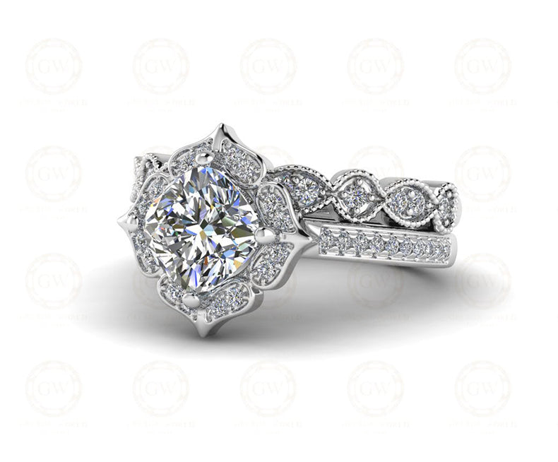 1.70 Ct Cushion Cut Halo Engagement Wedding Ring Set, Vintage Style Bridal Set, Stackable Ring, Sterling Silver, Matching Band, Gift for her