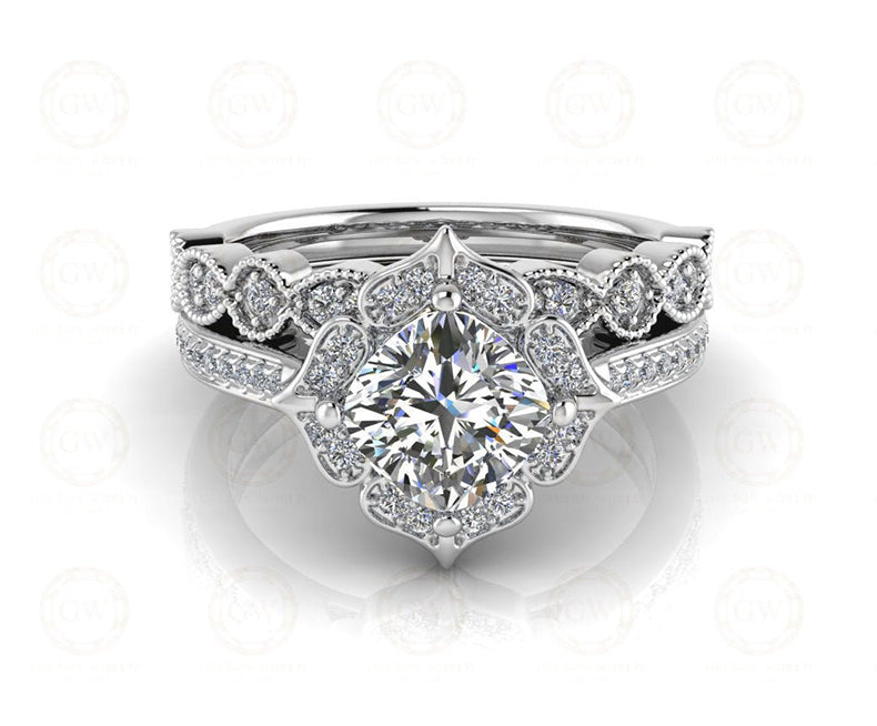 1.70 Ct  Vintage Cushion Cut Halo Engagement Ring Set