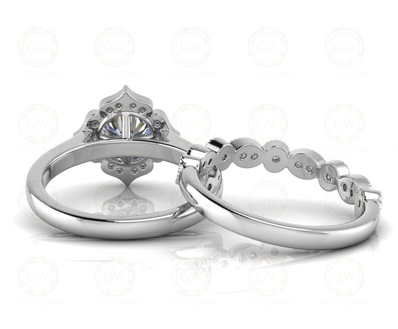 1.70 Ct Cushion Cut Halo Engagement Wedding Ring Set, Vintage Style Bridal Set, Stackable Ring, Sterling Silver, Matching Band, Gift for her