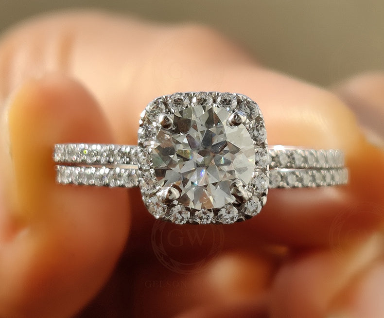 1.75 Ct Round Cut Halo Moissanite Bridal Ring Set