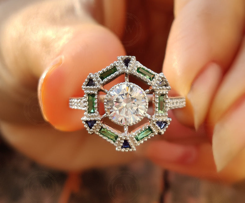 1.80 Ct Round Moissanite Art Deco Engagement Ring