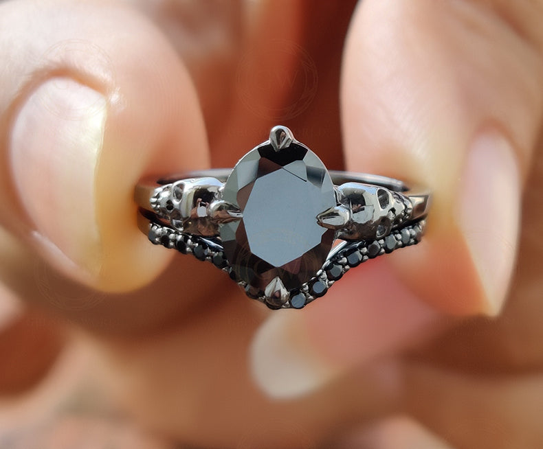 1.80 Ct Gothic Skull Oval Solitaire Wedding Ring Set