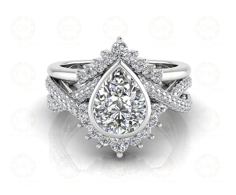 1.85 Ct Pear Cut Halo Floral Vintage Wedding Ring Set