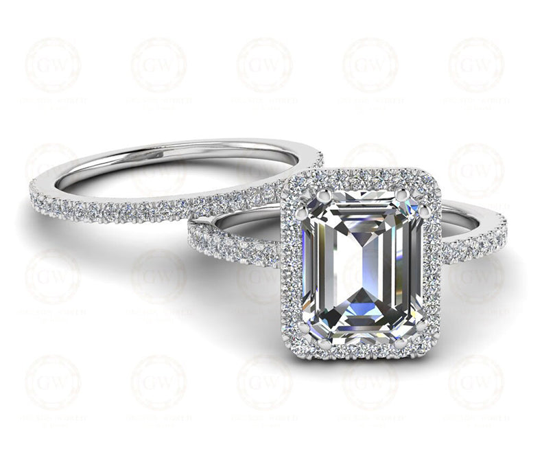 1.95 Ct Sterling Silver Emerald Cut Halo Wedding Ring Set