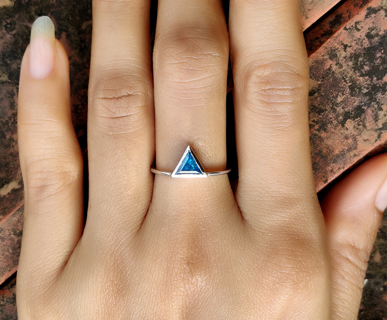 14K Gold Triangle Shape Pacific Blue Minimalist engagement ring, Matching Stacking Ring, Dainty Diamond Ring, Solitaire Gemstone Ring