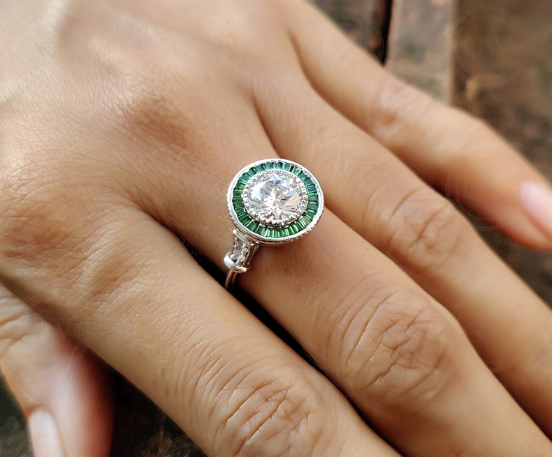 2 Ct Round Cut and Emerald Cut Vintage Halo Ring for women