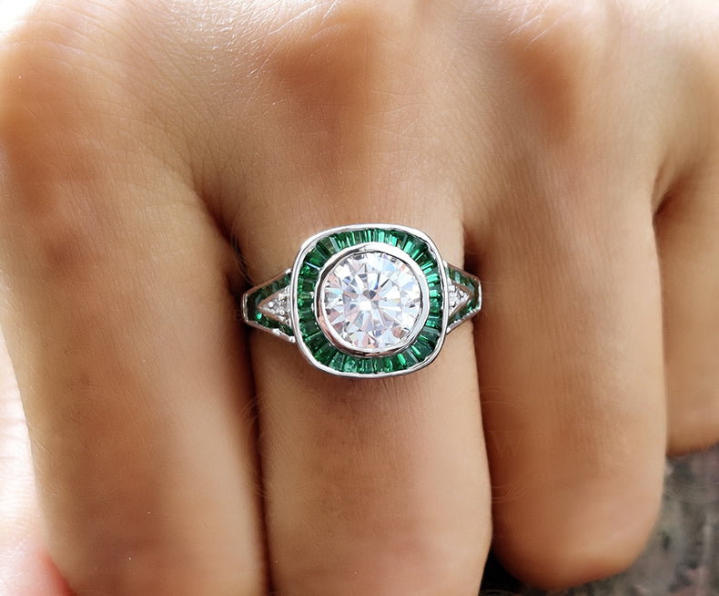 2.00 Ct Round Cut Art Deco Halo Engagement Ring, Green Baguette Vintage Ring, Wedding Ring, Anniversary Ring for women