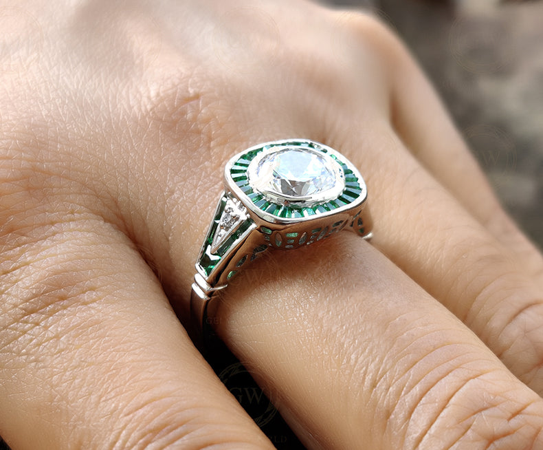 2.00 Ct Round Cut Art Deco Halo Engagement Ring, Green Baguette Vintage Ring, Wedding Ring, Anniversary Ring for women
