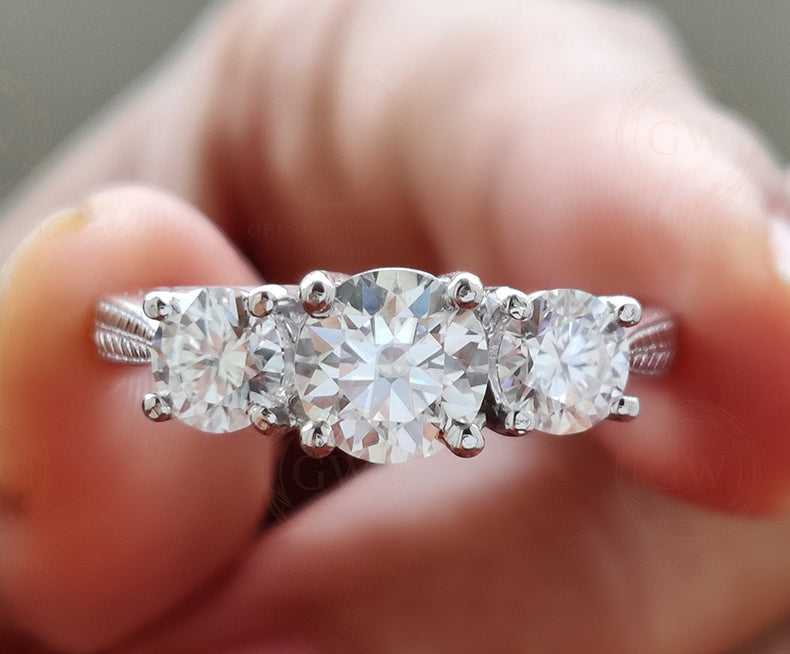2 Ct Round Cut Moissanite 3 Stone Engagement Ring