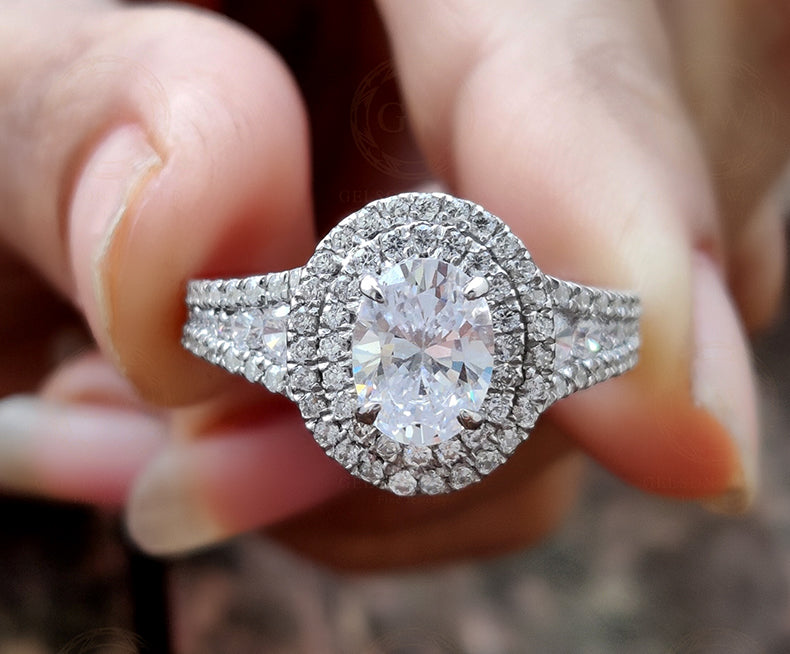 2.10 Ct Oval Moissanite Double Halo Engagement Ring, Sterling Silver Ring, Anniversary Gift for Her