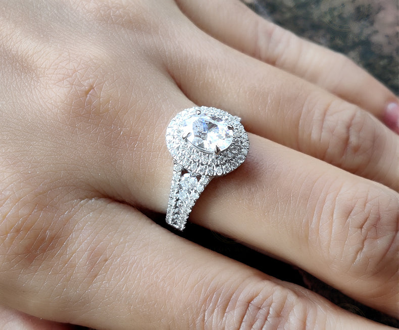 2.10 Ct Oval Moissanite Double Halo Engagement Ring, Sterling Silver Ring, Anniversary Gift for Her