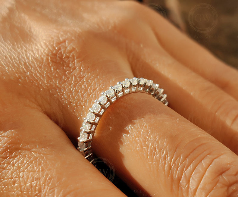 2.70 mm Wide Round Moissanite Diamond Women Stacking Wedding Band, Full Eternity Ring, Shared Prong Anniversary Ring, Matching Band