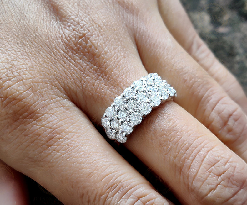 2.75 Ct 3 Row Round Moissanite Anniversary Wedding Ring, 925 Sterling Silver, Stacking rings, Women wedding band, Gift for her