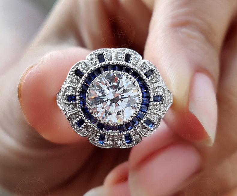 2.75 Ct Round Moissanite vintage Engagement Ring, Gemstone Art Deco Wedding Ring, Antique Sterling silver ring, Estate Women Jewelry