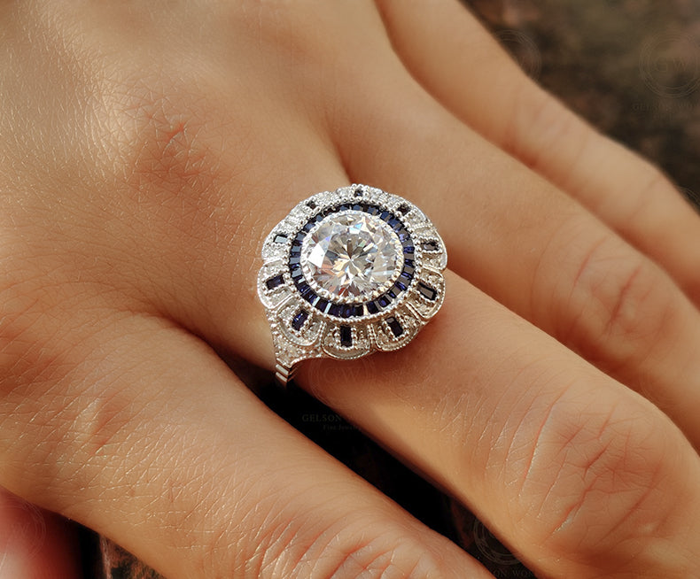 2.75 Ct Round Moissanite vintage Engagement Ring, Gemstone Art Deco Wedding Ring, Antique Sterling silver ring, Estate Women Jewelry