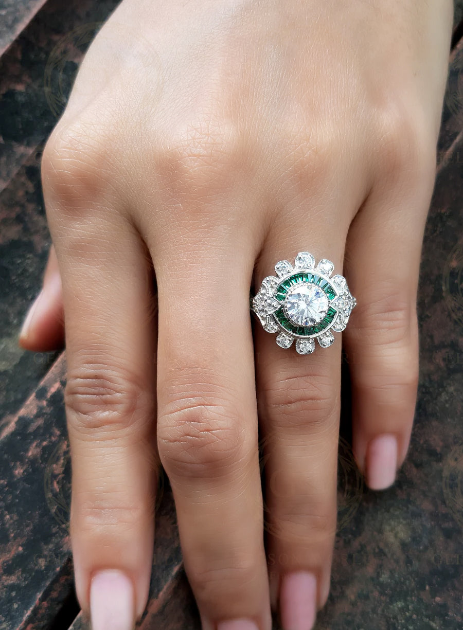 2.75 TCw Vintage Art Deco Style Round Cut & Emerald Cz Moissanite Diamond Antique Engagement Ring Vintage Reproduction Emerald Halo Ring - Gelson World - Premium Silver and Gold Jewelry for USA Shoppers