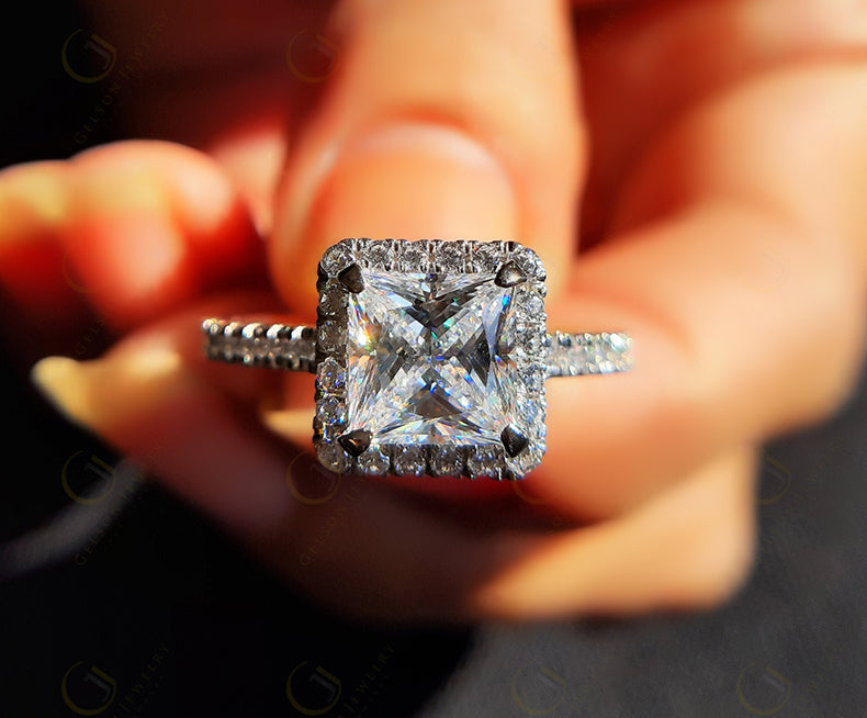 2 Ct Halo Engagement Ring, Princess Cut Moissanite Ring